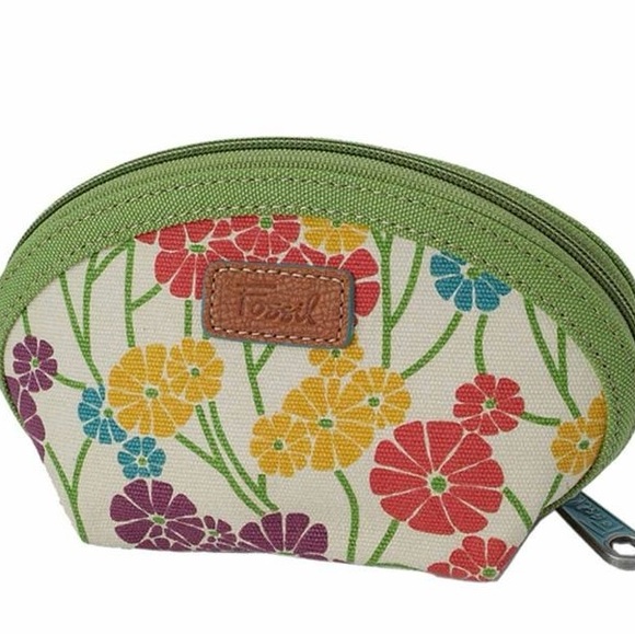 Fossil Handbags - Fossil Cream Floral Canvas Pouch with Green Trim & matching wallet!